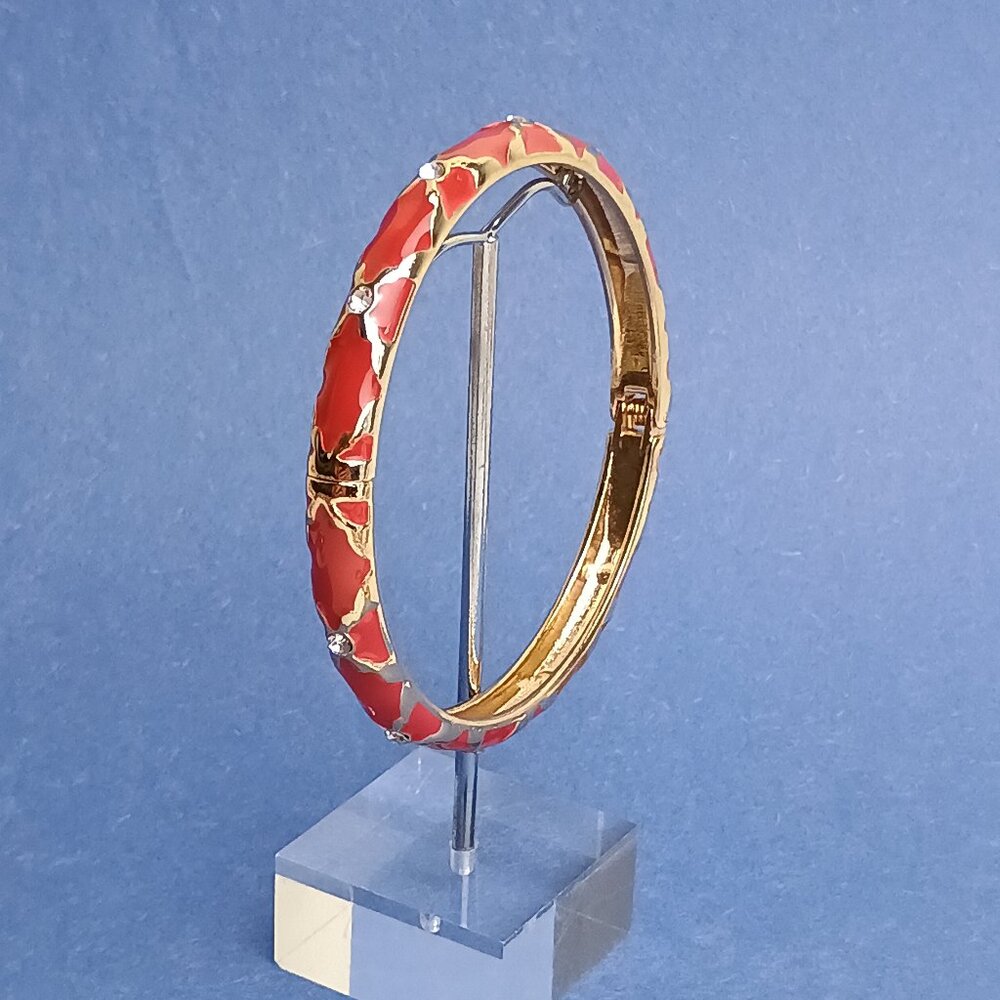 X Pattern Rhinestone Chestnut Gold Tone Enamel Hinge Bangle Skinny Bracelet